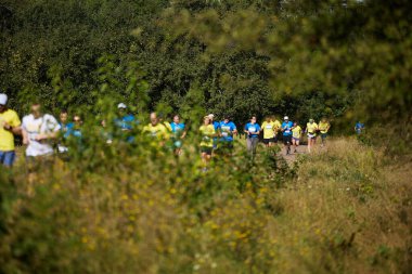 Kyiv 'de geleneksel mavi ve sarı tişörtlerle maraton koşan büyük bir Ukraynalı atlet grubu - 25 Ağustos 2024
