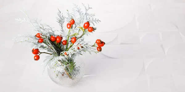 Bouquet Hiver Dans Vase Verre Branches Thuja Dans Neige Les — Photo
