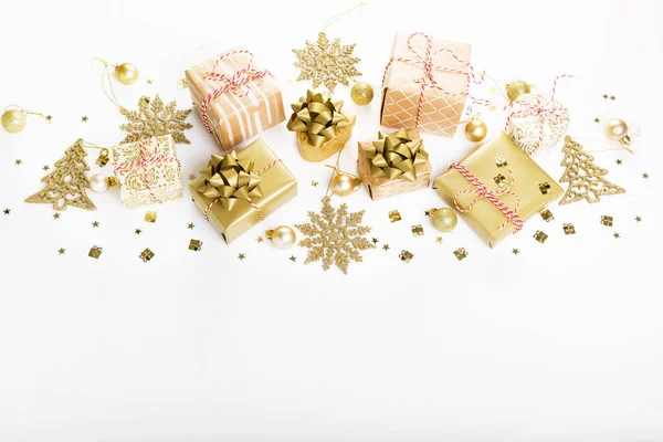 Christmas Golden Gift Box Design Golden Balls Glitter Stars Snowflakes — Stock Photo, Image