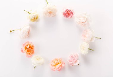 Beyaz arka planda narin güllerden oluşan bir çelenk, düz bir zemin, üst manzara.