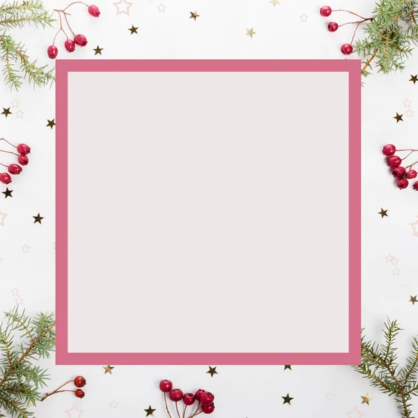 Christmas decoration marble background top view. Merry Christmas greeting card, frame. Winter xmas holiday theme. Happy New Year. Flat lay, top view