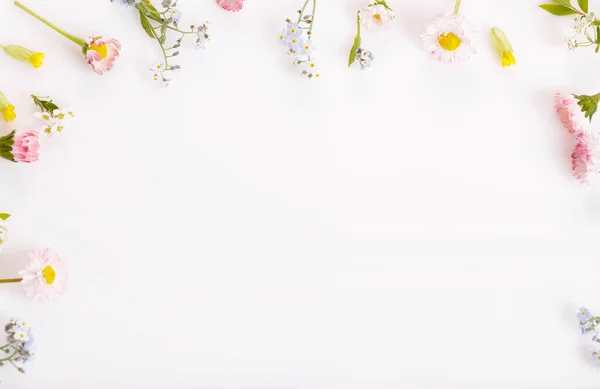 喜庆的粉红色花朵雏菊 忘了我的框架 在白色的背景组成 头顶顶上的景色 平躺着 复制空间 情人节 结婚日概念 — 图库照片