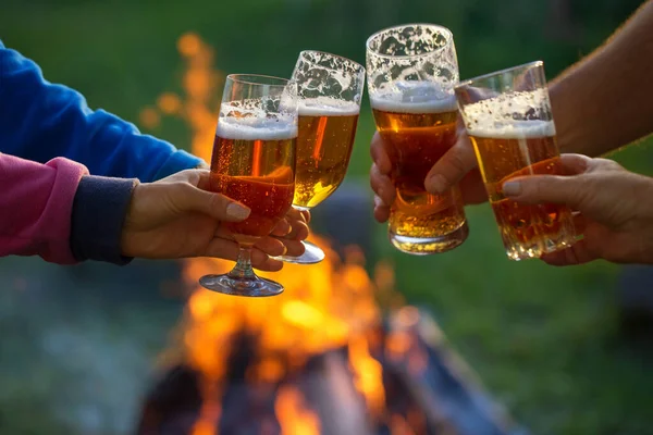 異なる年齢の家族の人々は陽気にビール宣言トーストのグラスで屋外を祝います ストックフォト