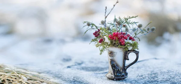 Décorations Noël Bouquet Hiver Rowan Brindilles Dans Neige Composition Bannière — Photo