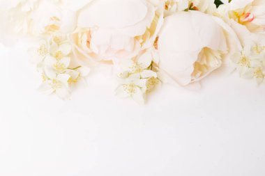 Çiçek kompozisyonu. Beyaz arka planda romantik pembe şakayık çiçeklerinden yapılmış çerçeve. Düz konum, üst görünüm, kopyalama alanı