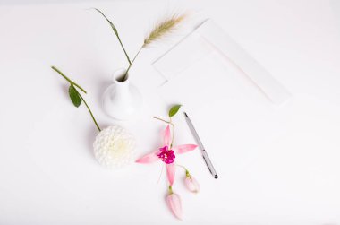 Beyaz arka planda pembe çiçek fuşya çiçekli mektup, kalem ve beyaz zarf, yıldız çiçeği. Davetiye ya da aşk mektubu. Doğum günü, Anneler, Sevgililer, Kadınlar, Düğün Günü konsepti