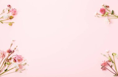 Yumuşak pastel arka planda çerçevelenmiş pembe ve beyaz sütun çiçekleriyle düz bir kompozisyon. Bahar tasarımı, tebrik kartı, ambalaj için boş alanı olan en küçük çiçek sınırı