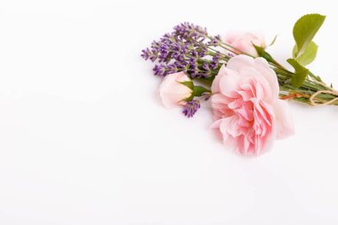 Beyaz arka planda el işi etiketli pembe gül ve lavanta demeti, fotokopi alanı olan çiçek kompozisyonu, düğün davetiyesi için zarif botanik düzen, doğum günü tebriği, paketleme, spa konsepti.