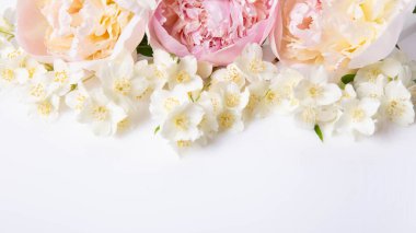 Narin şakayık çiçekleri ve temiz beyaz arka planda beyaz yasemin çiçekleri olan yumuşak bir çiçek pankartı. Kozmetik markalaşma, spa promosyonları, düğün davetiyeleri ve bahar temalı tasarımlar için ideal.