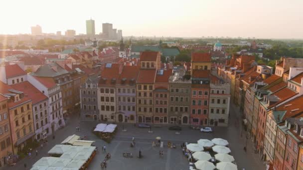 Воздушный Закат Вид Warsaws Old Town Market Place Heart Old — стоковое видео