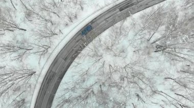Çam ormanları ve ağaçların arasında kıvrılan bir yol. Rime buzu ve ağaçları kaplayan buz kütleleri. Vilnius, Litvanya yakınlarındaki manzaralı kış manzarası.
