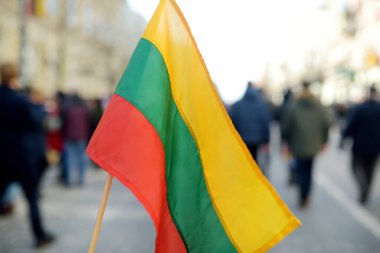 Vilnius 'ta Devlet Gününün Restorasyonu kutlamaları sırasında Litvanya bayrağı. Resmi tatilde üç renkli Litvanya bayrağı.