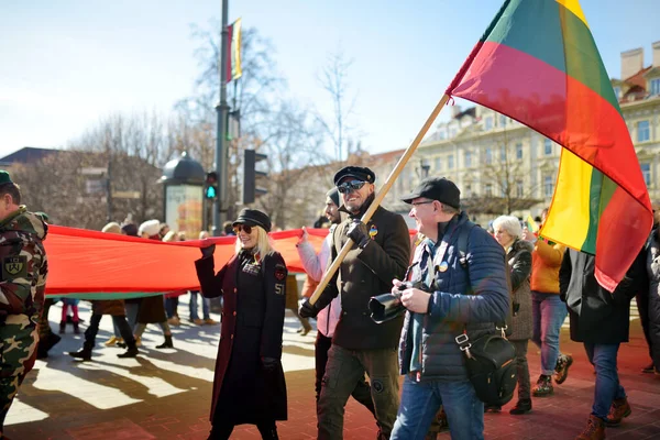 Vilnius Lithuania March 2022 Cheerful People Carrying Tricolor Lithuanian Flags — Stock Photo, Image