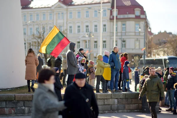 Vilnius Lithuania March 2022 Cheerful People Carrying Tricolor Lithuanian Flags — Stock Photo, Image