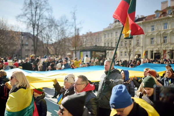 ヴィリニュス リトアニア 2022年3月11日 リトアニアが独立回復の32周年を迎えたことから トリコロール リトアニアの旗をお祝いのイベントで運ぶ陽気な人々 — ストック写真