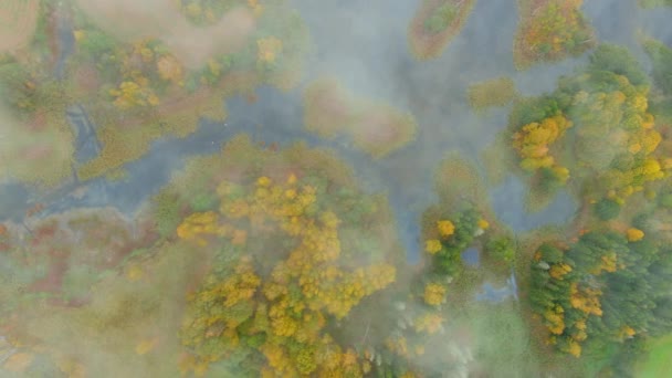 Amazing Aerial Foggy Top View Kirkilai Karst Lakes Bright Autumn — Stock Video