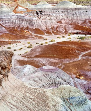Striped purple sandstone formations of Blue Mesa badlands in Petrified Forest National Park, Arizona, USA. Exploring the American Southwest.