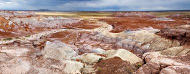 Striped purple sandstone formations of Blue Mesa badlands in Petrified Forest National Park, Arizona, USA. Exploring the American Southwest.