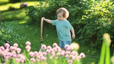 Cute toddler boy watering flower beds in the garden at summer day. Child using garden hose to water vegetables. Kid helping with everyday chores. Mommys little helper.