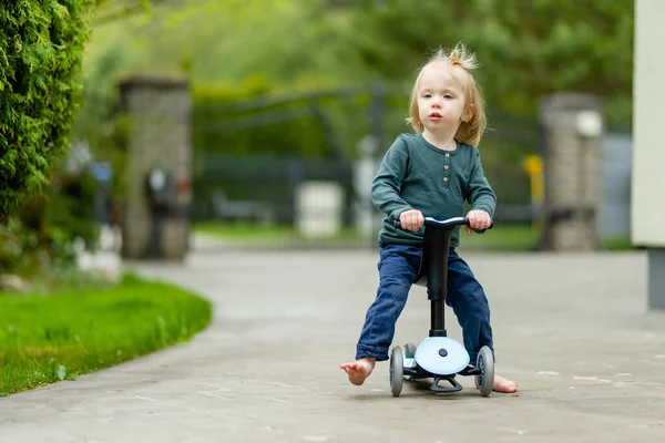夏天的一天 小孩子骑着婴儿车在户外玩耍 真有趣 孩子们在后院用小型自行车训练平衡 幼儿暑期活动 — 图库照片