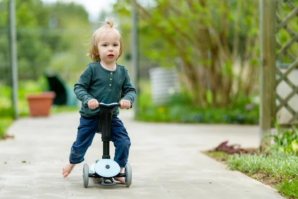 Funny Toddler Boy Riding Baby Scooter Outdoors Summer Day Kid — Stock Photo, Image