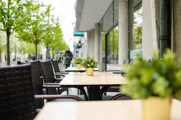 Mesa Café Aire Libre Bellamente Decorada Con Flores Artificiales Vilna —  Fotos de Stock