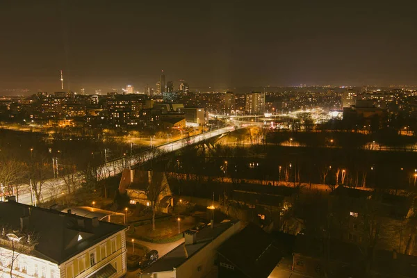 Malowniczy Widok Powietrza Stare Miasto Wilnie Rzekę Neris Zmroku Zachód — Zdjęcie stockowe