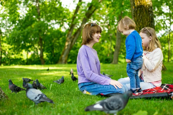 暖かい春の日に市内公園で楽しんでいる2人の姉とその弟 屋外でピクニックをしている子供たち 3人の子供が鳥に餌を与える 子供連れの家族のための積極的な屋外活動 — ストック写真