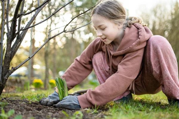 Pretty Preteen Girl Planting Hyacinth Flowers Spring Day Child Helping — Stock Photo, Image