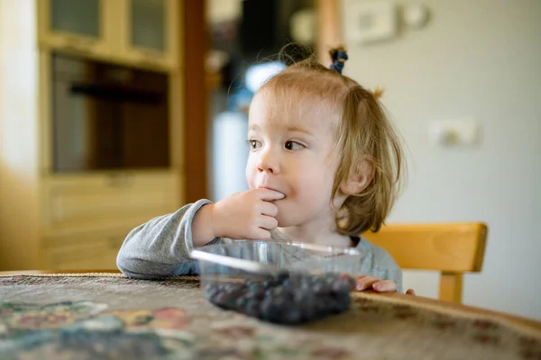 Bonito Menino Criança Comendo Mirtilos Casa Frutite Orgânica Fresca Para — Fotografia de Stock