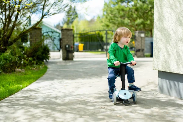 Menino Criança Engraçado Montando Uma Scooter Bebê Livre Dia Verão — Fotografia de Stock