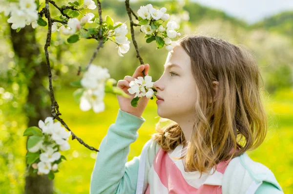 Imádnivaló Fiatal Lány Virágzó Almafakertben Gyönyörű Tavaszi Napon Aranyos Gyermek — Stock Fotó