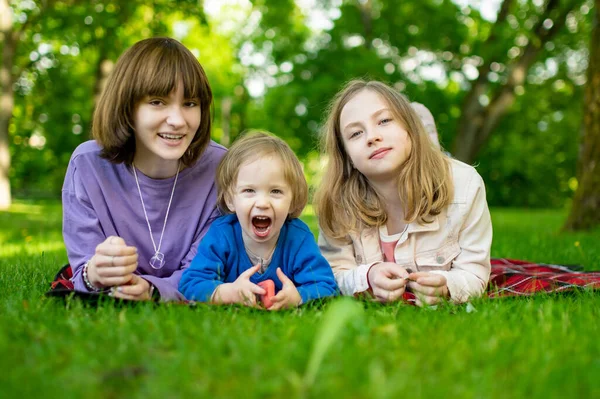 春暖花开的日子 两个姐姐和她们的小弟弟在城市公园里玩得很开心 孩子们在户外野餐 三个孩子在探索自然为有子女的家庭开展积极的户外活动 — 图库照片