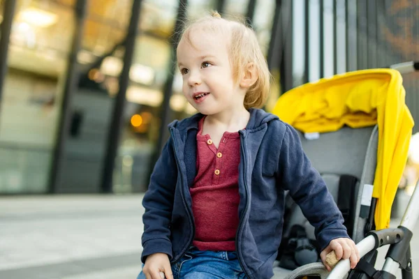 Słodki Chłopczyk Siedzący Wózku Zewnątrz Małe Dziecko Wózku Dziecko Wózku — Zdjęcie stockowe