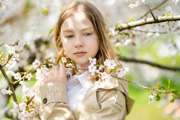 Schattig Jong Meisje Bloeiende Kersenboomtuin Mooie Lentedag Schattig Kind Plukken — Stockfoto