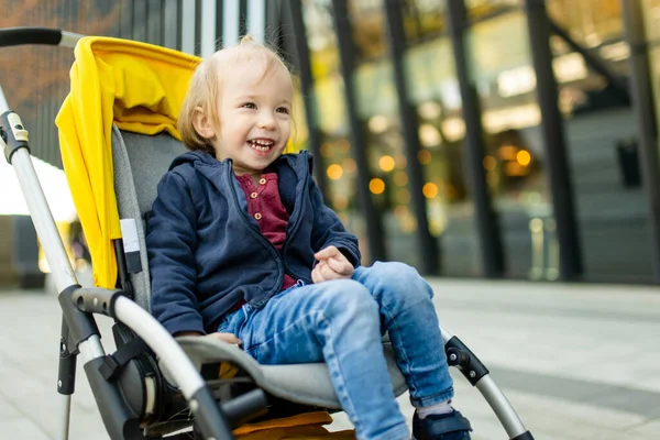 Dışarıda Bir Bebek Arabasında Oturan Tatlı Bir Çocuk Bebek Arabasındaki — Stok fotoğraf