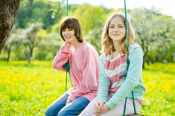Deux Jeunes Sœurs Amusent Sur Une Balançoire Dans Verger Pommiers — Photo