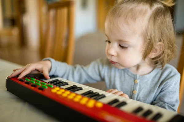 有趣的幼儿在家里弹玩具钢琴 小男孩在学弹钢琴 孩子在听音乐 幼儿的早期发育 儿童音乐教育 — 图库照片