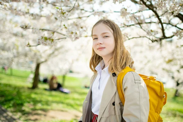 Adorable Chica Joven Jardín Cerezo Flor Hermoso Día Primavera Lindo — Foto de Stock