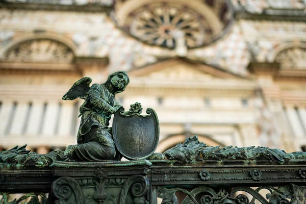 Escudo Metal Segurado Por Uma Estátua Anjo Como Uma Decoração — Fotografia de Stock