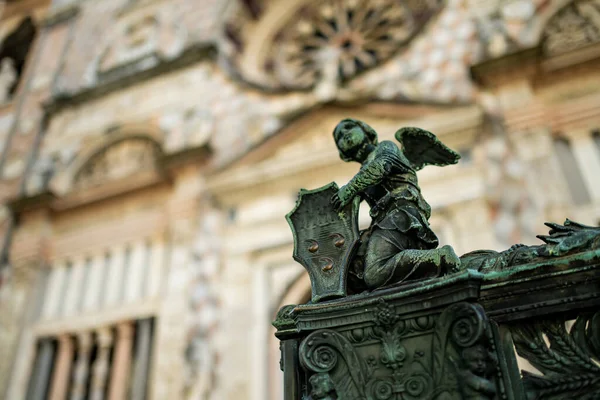 Metal Shield Held Angel Statue Gate Decoration Medieval Streets Bergamo — Stock Photo, Image