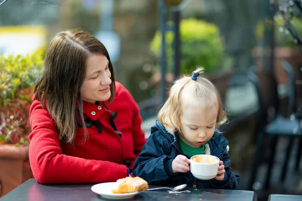 Young Mother Having Cup Coffee Outdoor Cafe Toddler Boy Tasting — Stock Photo, Image