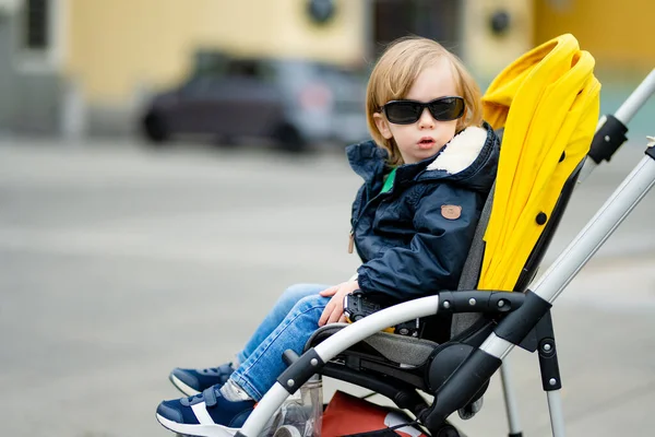 Süßer Kleiner Junge Der Kinderwagen Freien Sitzt Kleines Kind Kinderwagen — Stockfoto