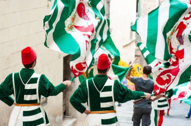 SIENA, İtalya - Temmuz 2013: Corteo Storico 'da taç giymiş bir kaz taşıyan asil Contrada dell' Oca üyeleri, İtalya 'nın Siena kentinde düzenlenen tarihi bir kostüm geçidi..