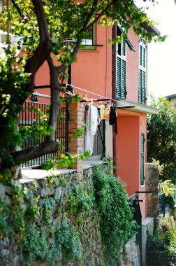 İtalyan Rivierası, Liguria, İtalya 'nın engebeli kuzey batı kıyısında yer alan beş asırlık Cinque Terre köylerinden biri olan Corniglia' nın manzarası..