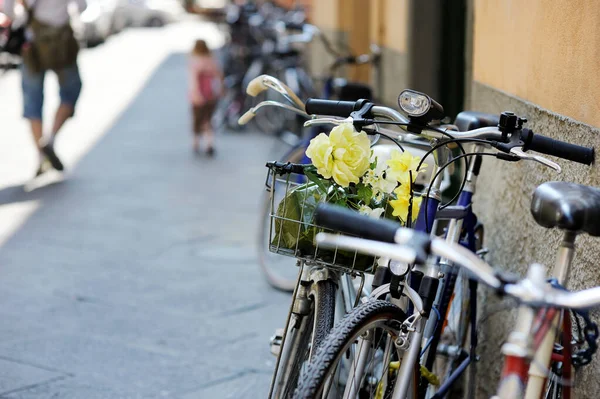 Bicycles Parked Beautiful Medieval Streets Lucca City Known Its Intact — Stock Photo, Image