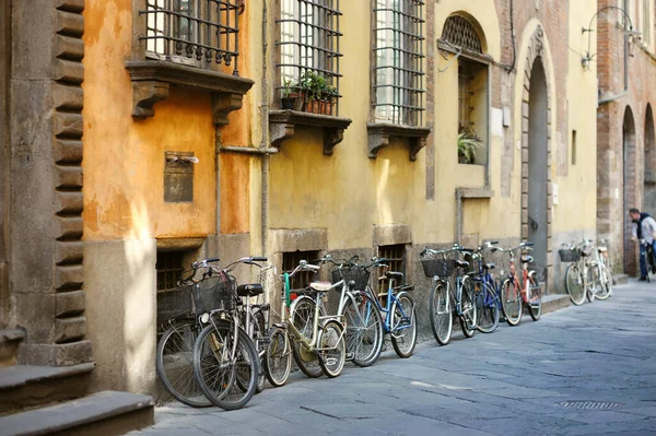 無傷のルネッサンス時代の城壁で知られるルッカ市の美しい中世の通りに駐車した自転車 トスカーナ イタリア — ストック写真