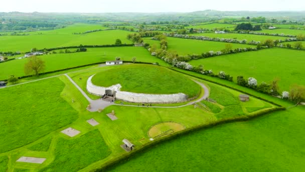 新石器時代に建てられた先史時代の記念碑であるニューグレンジの空中展望は アイルランドの郡庁所在地である アイルランドで最も人気のある観光地の1つ ユネスコ世界遺産 — ストック動画
