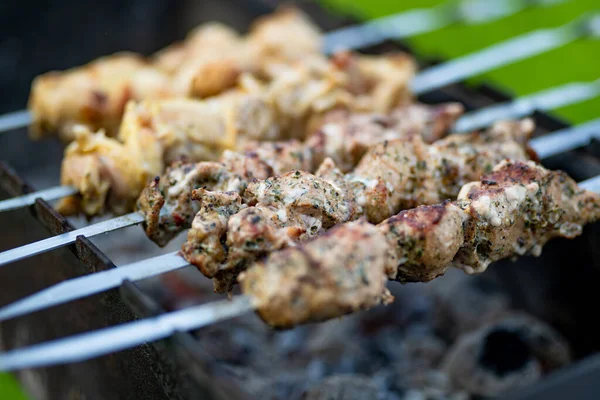 Chicken Kabobs Grilled Metal Skewers Outdoors Eating Outdoors Summer — Stock Photo, Image
