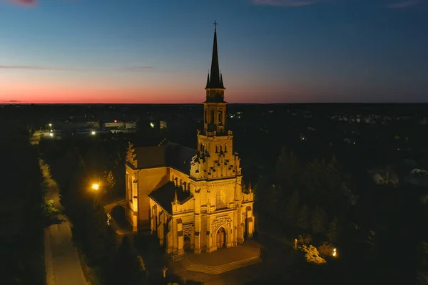Aerial Night View Yellow Brick Catholic Church Casimir Naujoji Vilnia — Stock Photo, Image